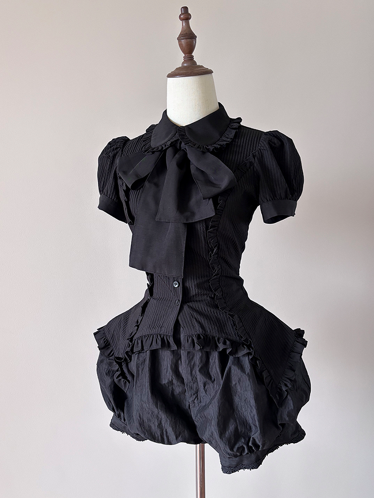 Black Neckline Lolita Sleeves Blouse Ruffle Gothic Stripe Puff and
