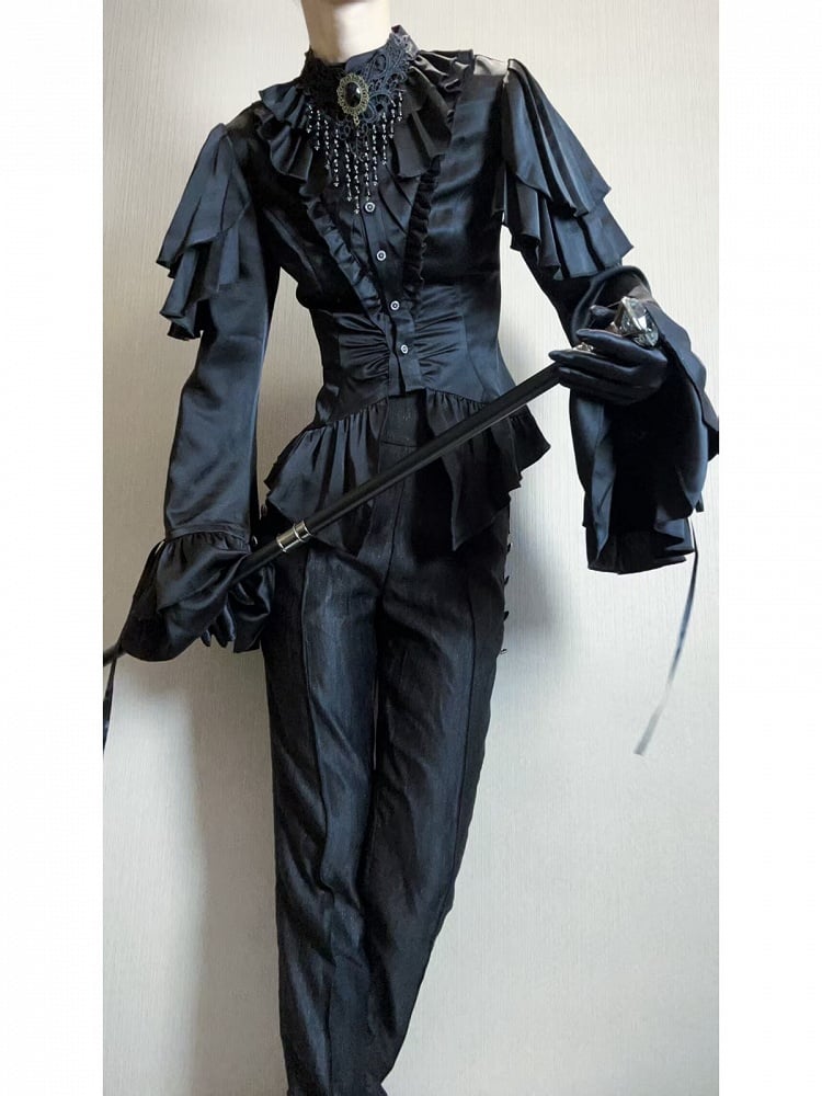 Black Shoulder Ruffle Panels Lolita Blouse with Aristocrat Cascading Ouji