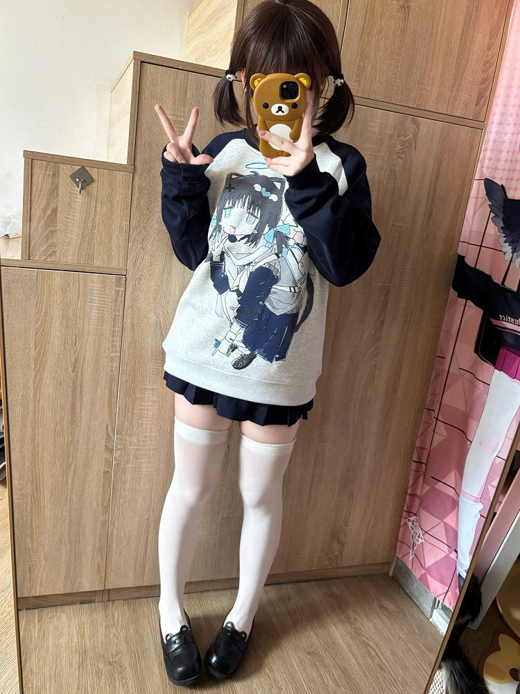 White Colorblock Sweatshirt Crew Cartoon Design Neck Girl with Print