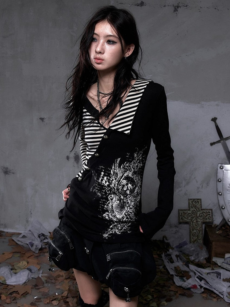 Top Vintage + Gothic Y2K Striped Collar with Black Punk Heart Knit Sleeve Motif