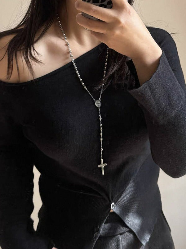 Cross Pendant Silver Beaded Necklace