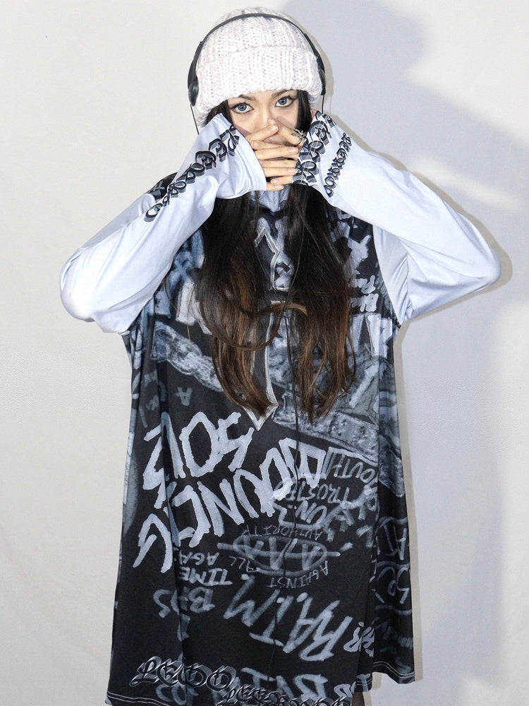 Modedruck Gyaru Kleid Grau Buchstabe