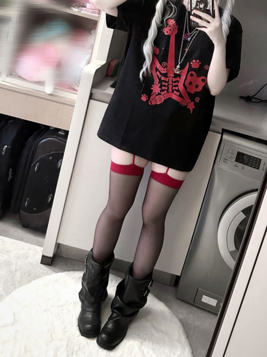 Red Guitar Print Rock Punk Black and Jirai Kei T-Shirt with Guitar Pick Necklace