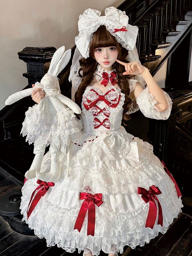 Lolita Red Accents with Sweet Lace Dress Bow White JSK and Princess