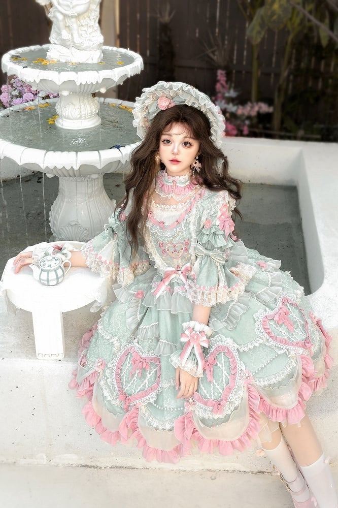 Wunderschönes Hanayome Lolita-Kleid mit Rosettenstickerei und Perlenkettendetails in Mintgrün