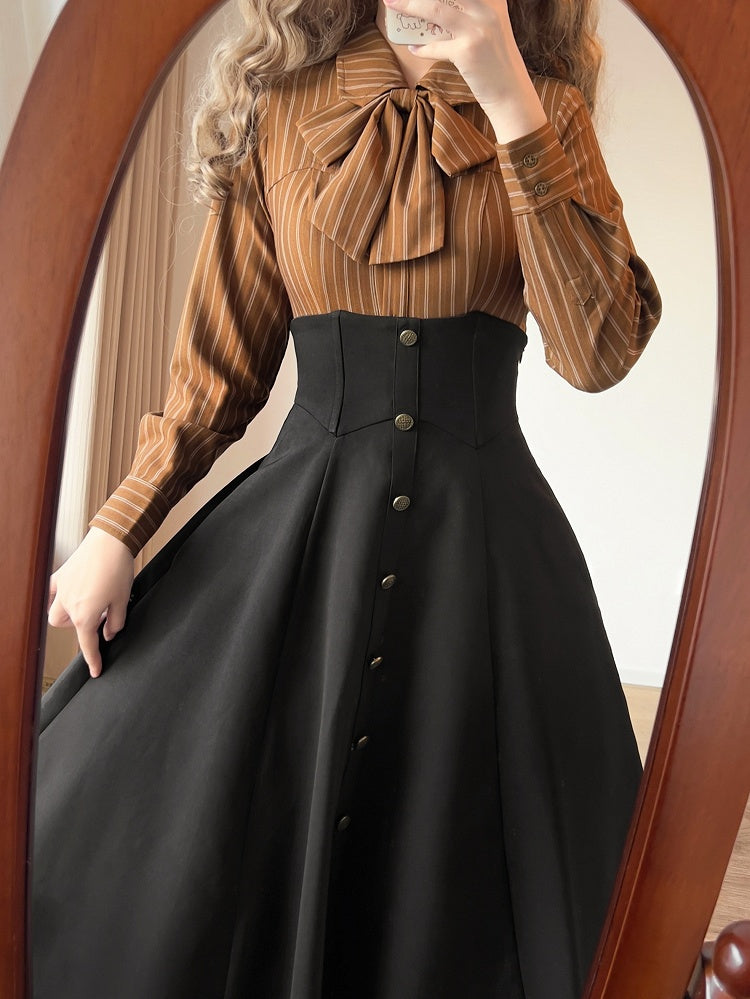 Sleeves Striped Elegant Bowtie Shirt Brown Long with Mocha