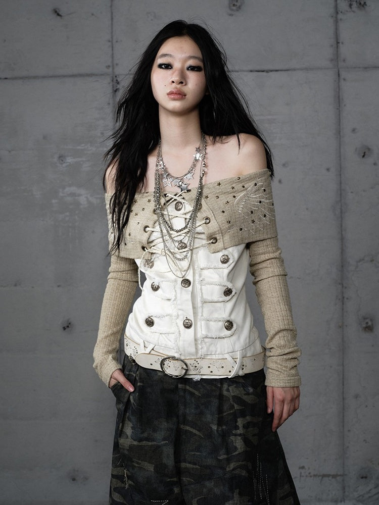 Studded Wing Khaki with Punk Panels Denim Embroidery Knit White Top Off-Shoulder
