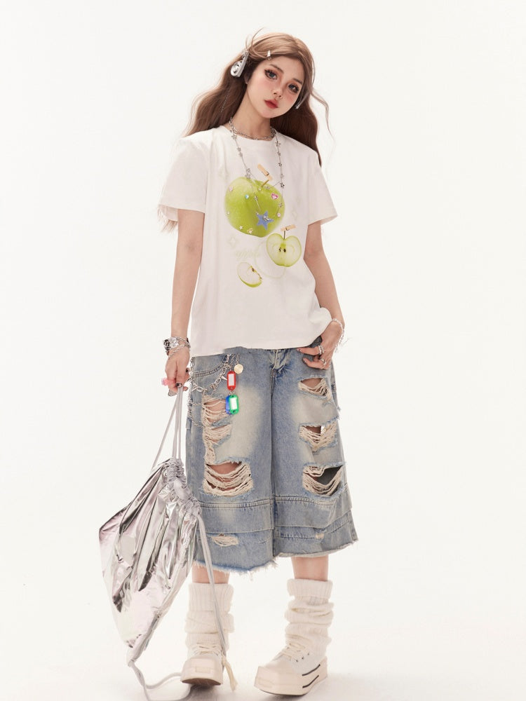 装飾Tシャツ グリーンアップルプリント ホワイト ラウンドネック ラインストーン