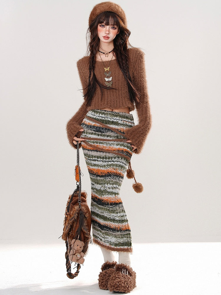Brown Round Neck Cropped Sweater Pompom Details Striped Knit Bodycon Skirt Set
