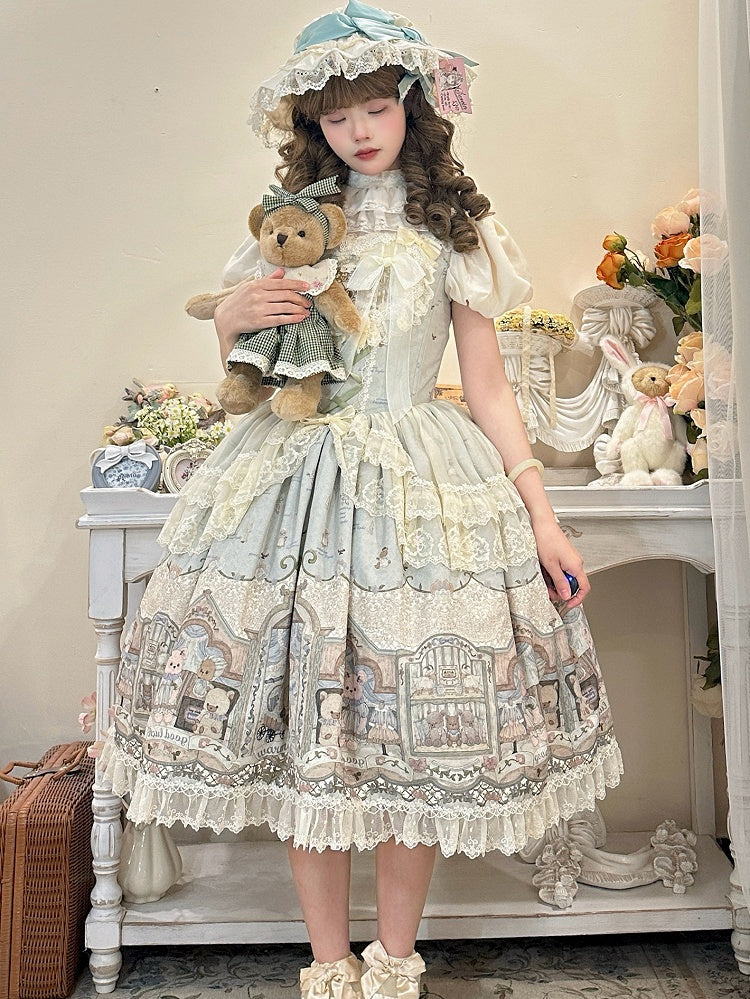 Grün/Beiger Teddy Sweet Lolita Pulloverrock mit Stäbchen in der Taille