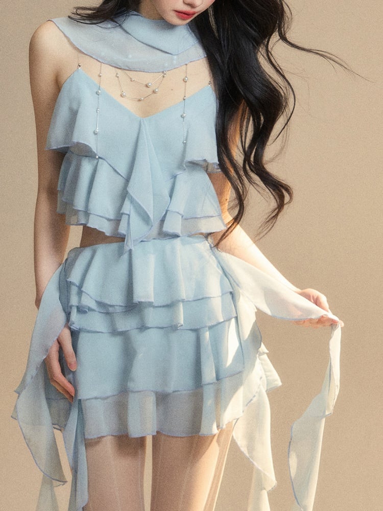 Blue Chiffon Tiered Skirt Mini Asymmetrical Ruffled Hem Slim-fitting