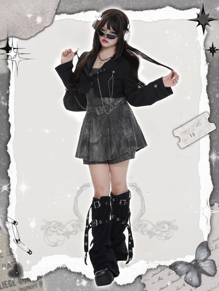 Dunkelgraues Punk-Jeanskleid mit Herzschnalle in Übergröße