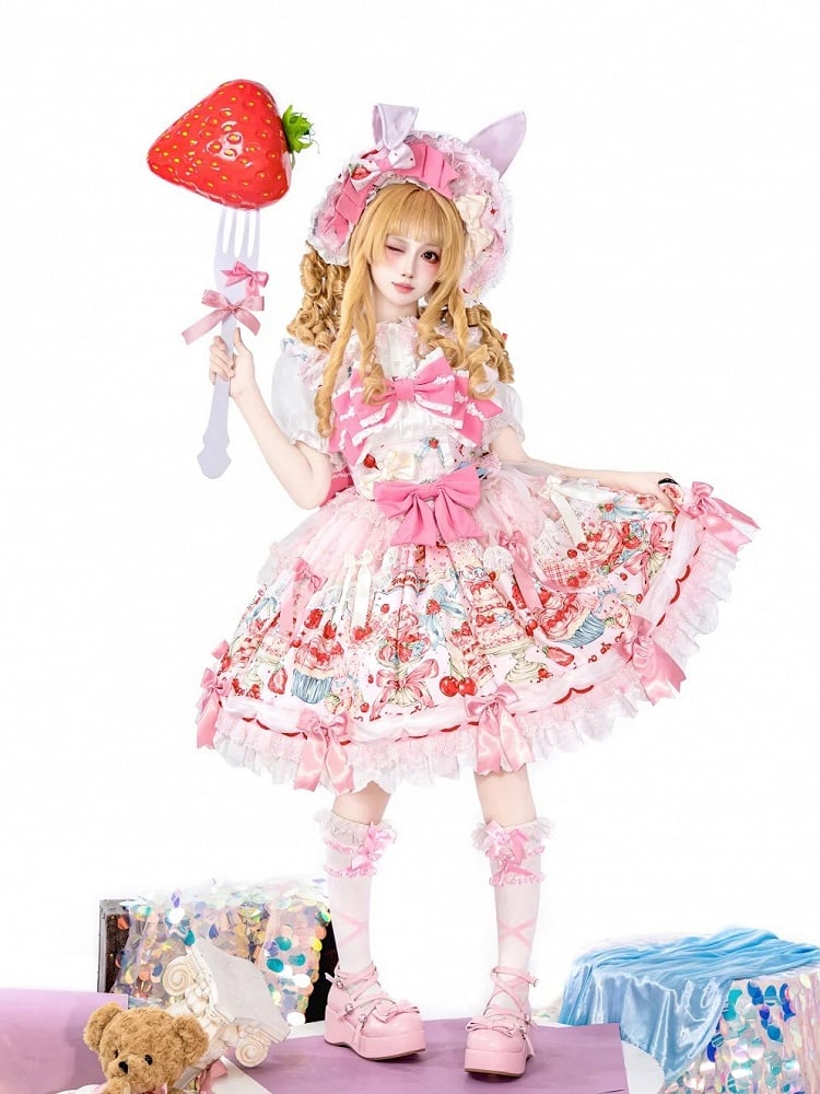 Akzente Druck mit Schleife Erdbeere und Süßkirsche Rosa Lolita Mode Kleid Licht