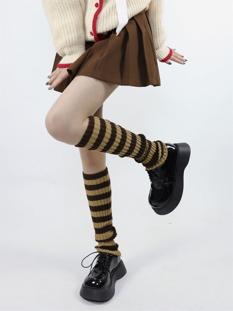 Knit Y2K Yellow Striped Warmers Mid-calf Leg Brown 45cm Style