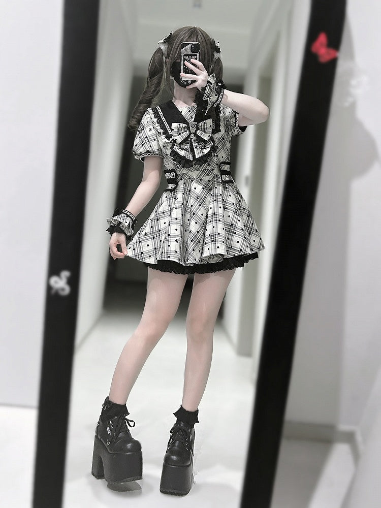 Jirai Kei Sailor Collar Black Polka Dot Bow Dress - Ekomi