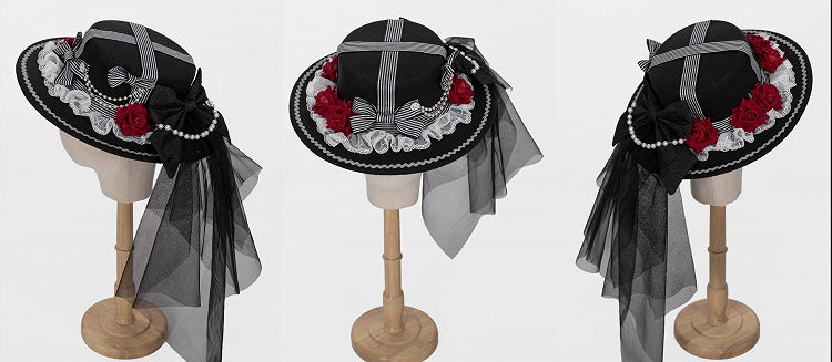 Hat Rose Black and with Bow Striped Lolita Accents