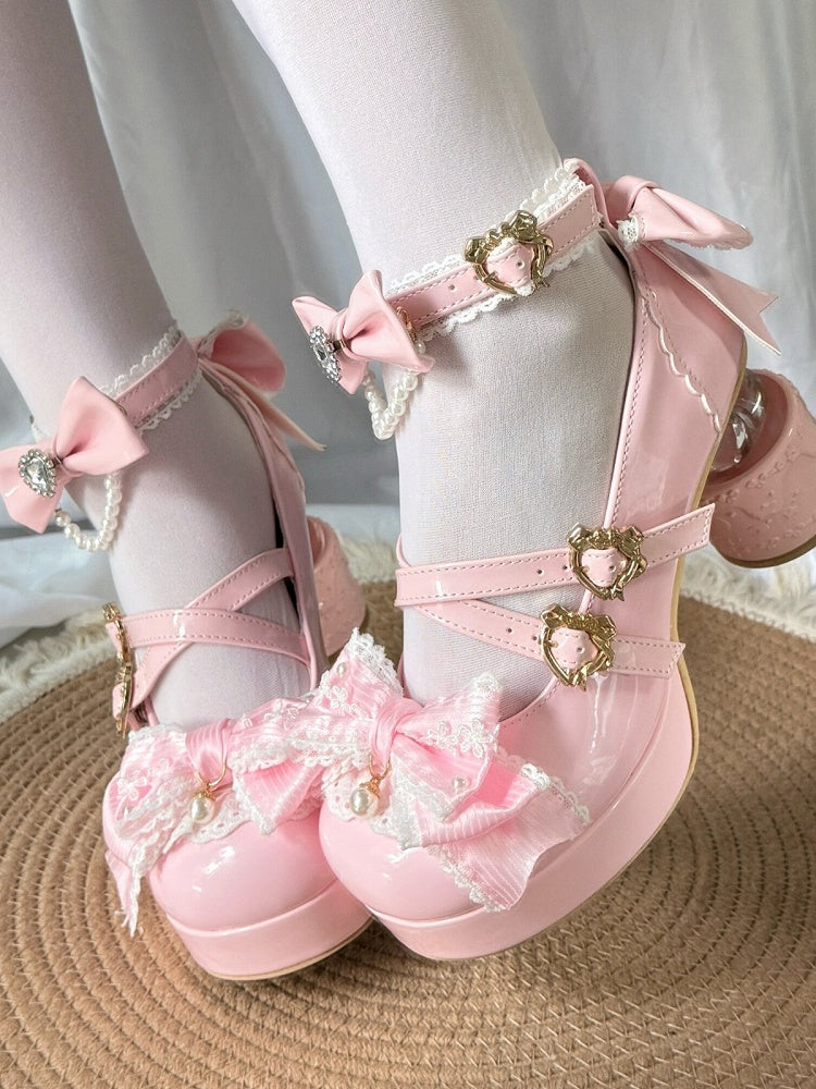 Transparent Moon Heel Lolita Shoes with Bow and Heart Buckles - Pu Yue Meng