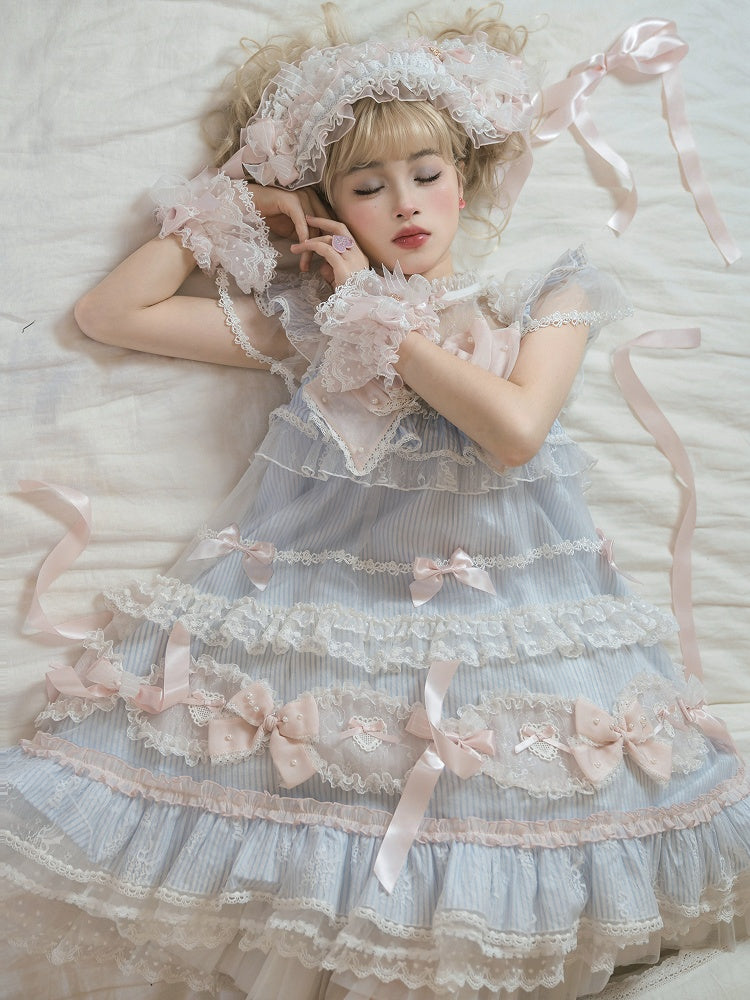 ストライプのリボン柄のスイートな装飾のドレス ロリータ ブルー ピンク