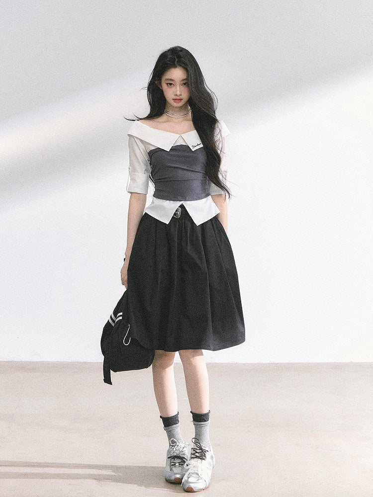 Blue Shirt Striped Foldover Collar Gray/Navy Neckline Off-the-shoulder