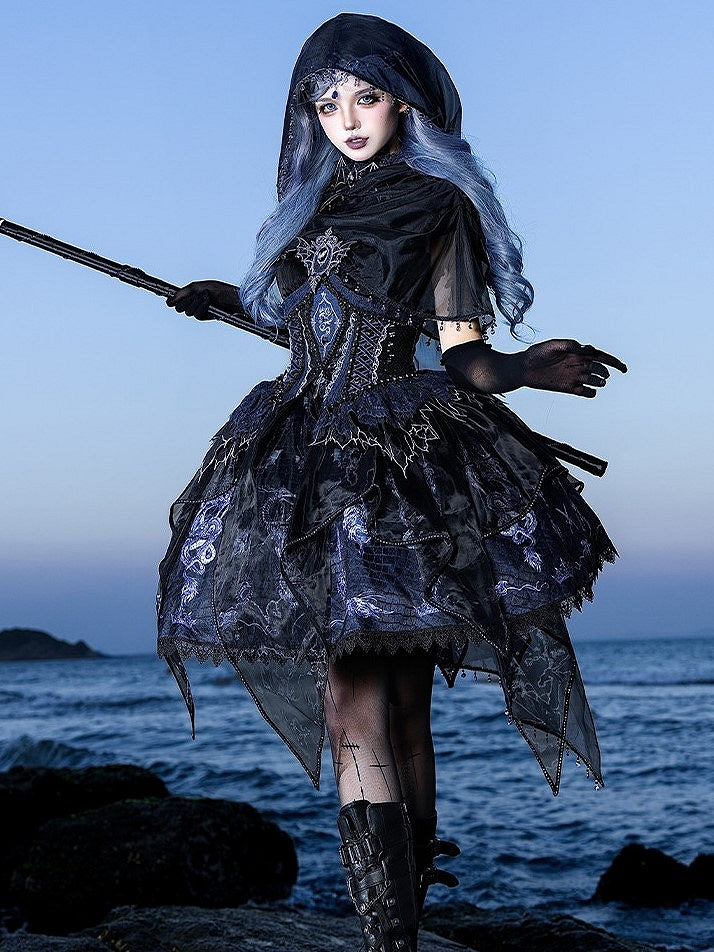 Black & Blue Bone Dragon Embroidery Halter Neck Gothic Lolita Dress Set - Ying Luo Fu