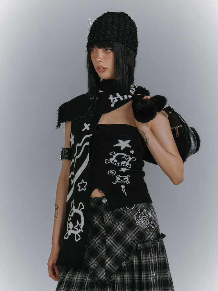 with Star Edgy Matching Punk Print Slit Scarf Skull Top + Black Front Strapless
