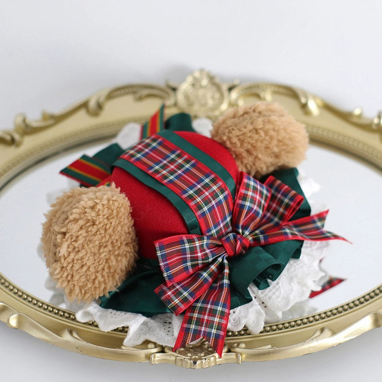 Plaid Lace Bear-Themed Hat with Christmas Mini