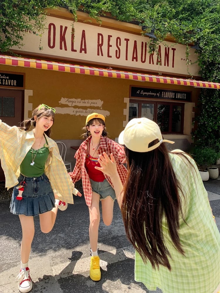 チェックシャツセット レッドフェイクツーピースキャミソールトップ(レッド)