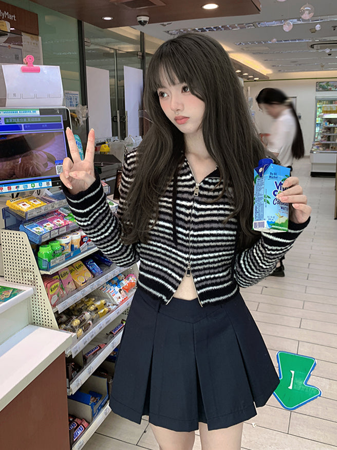 ブラック柄ストライプフードカーディガン / ピンク