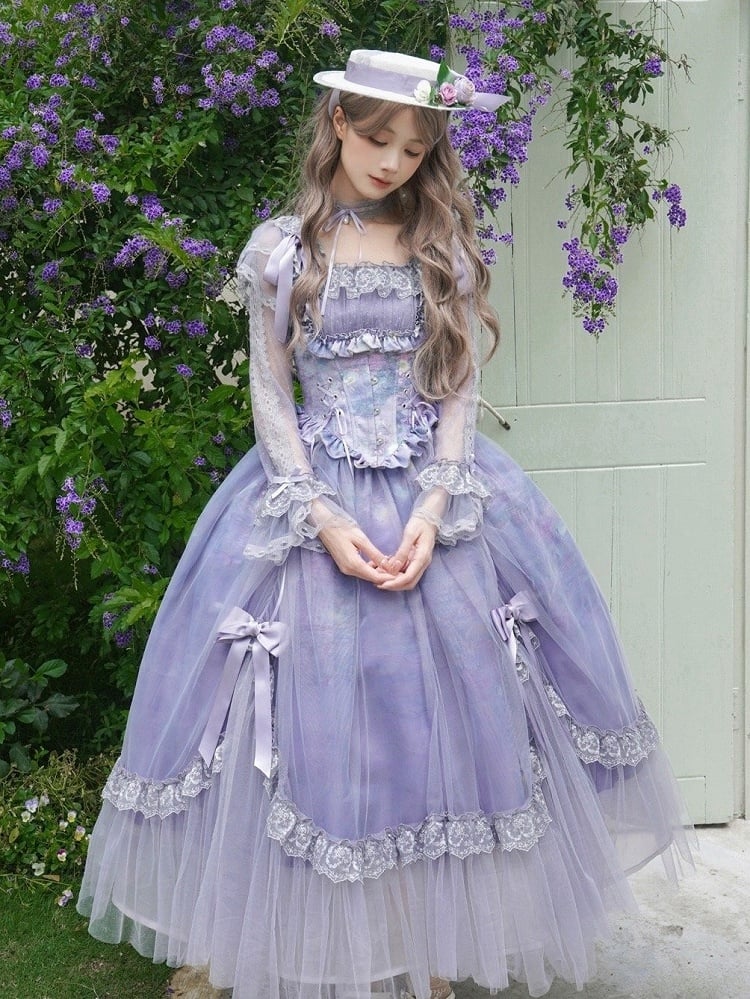 Neckline Purple Square Painting Skirt Set OP Full Elegant Oil Classic Lolita Print