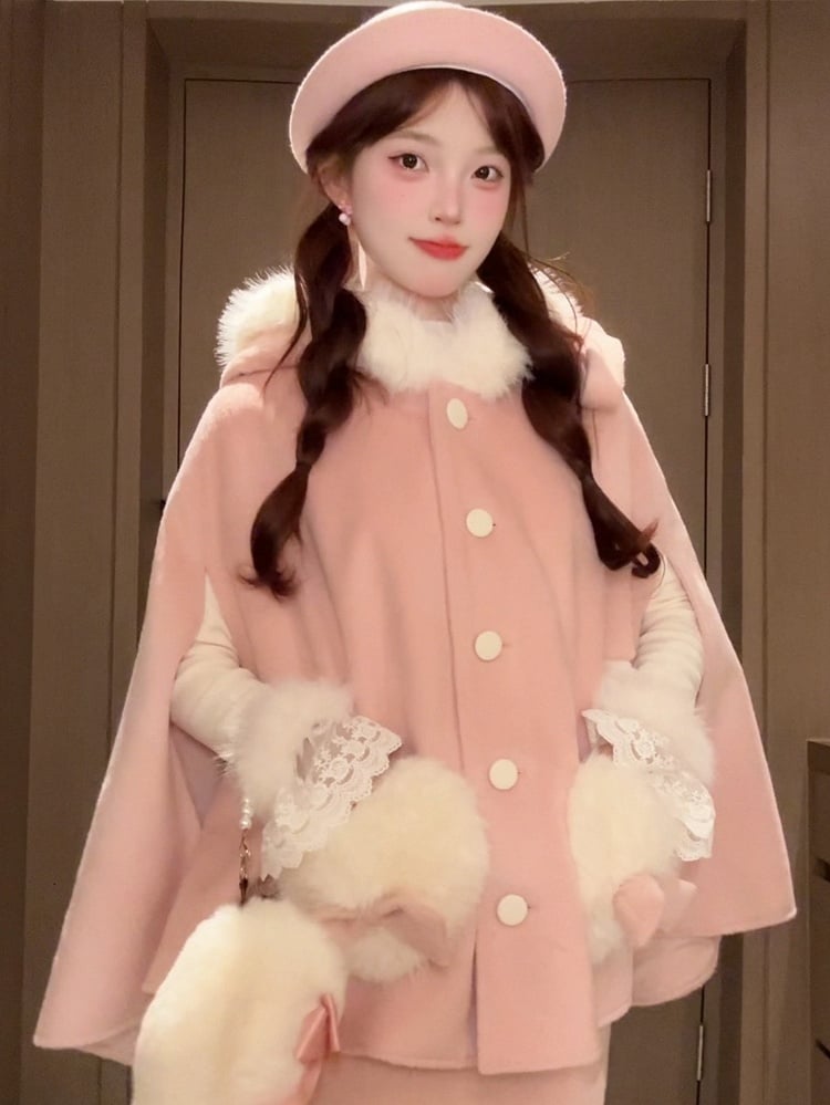Plush Coat Winter Skirt Pink Sweet Set Lolita with Pockets Cape Heart-shaped +