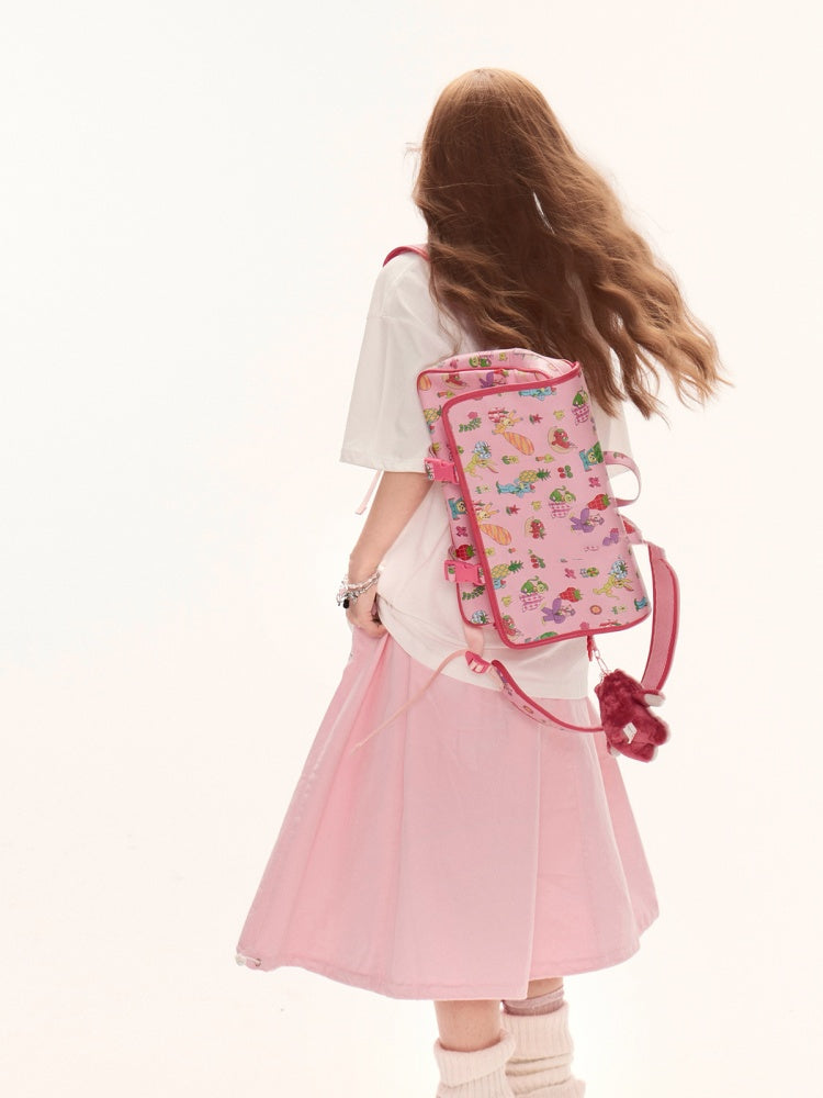 Skirt A-line Pink Drawstring Waist Cute Puppy Embroidery