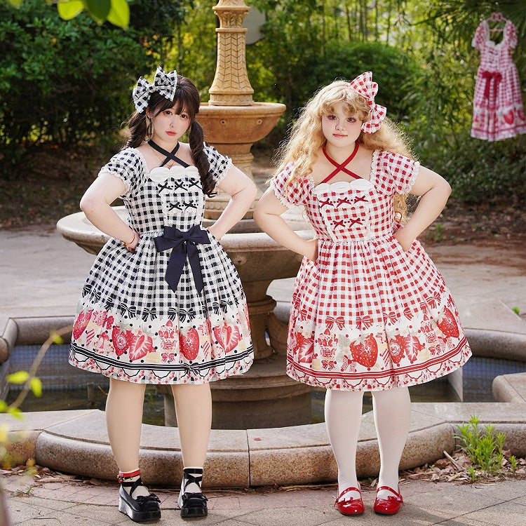 Kleid Rot Größe Schleife Gingham Lolita und Print Plus Erdbeere