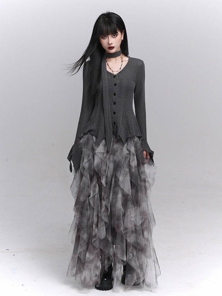 Hem Gray Knit Irregular Strap Gothic Sleeve Button-Down Cardigan with Neck