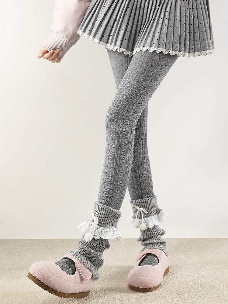 Warmers with Lace Collar 5 Pom-Poms Colors Trim Leg Turn-Down