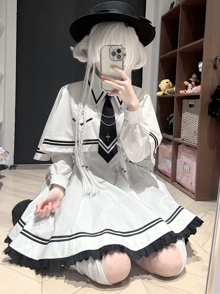 Warmers Dress Jirai 4-Piece Cape - Leg + Ruffled White Sailor-Collar Set Necktie Kei Long-Sleeve