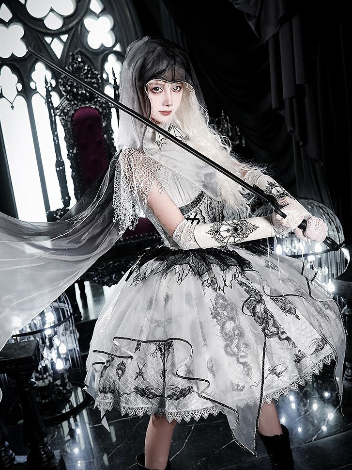 Black & White Bone Dragon Embroidery Halter Neck Gothic Lolita Dress Set - Ying Luo Fu