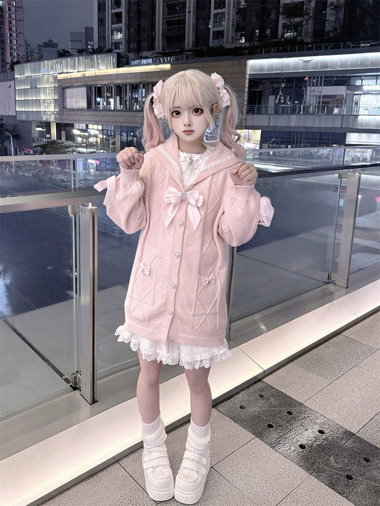 Sailor Heart Crossed Kei Jirai Sweet Pink Sweater Knit Collar Lacing Buttons with