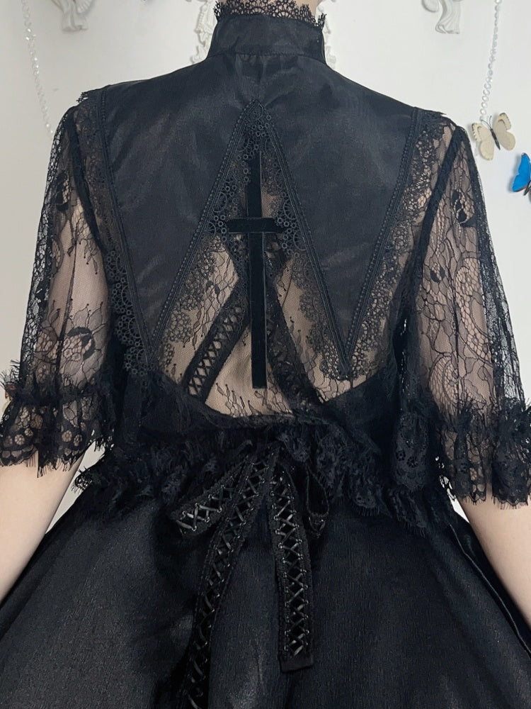 Schwarzer Gothic Lolita Spitzkragen mit Kreuzkettenverzierung
