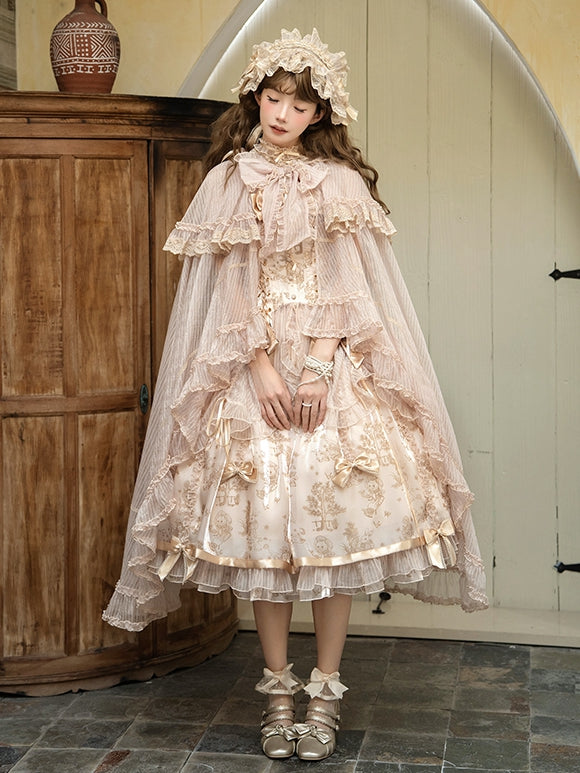 Cascading Trimming Cloak Ruffle Self-tie Neckline Champagne Bow Big