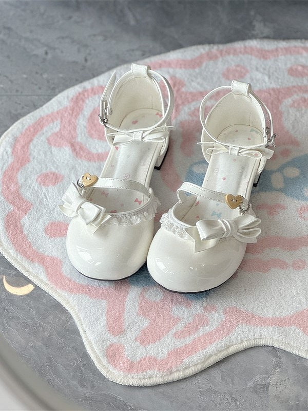 with Sandals Snap Sweet White and Low-heel Lolita Heart-Shaped Style Bows Decor