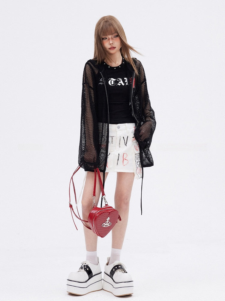 ブラック 中空ハートアップリケ ジップ開閉 長袖 ニットトップス