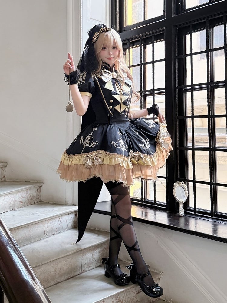 Fringe Button and Golden Details Cape Black with Lolita