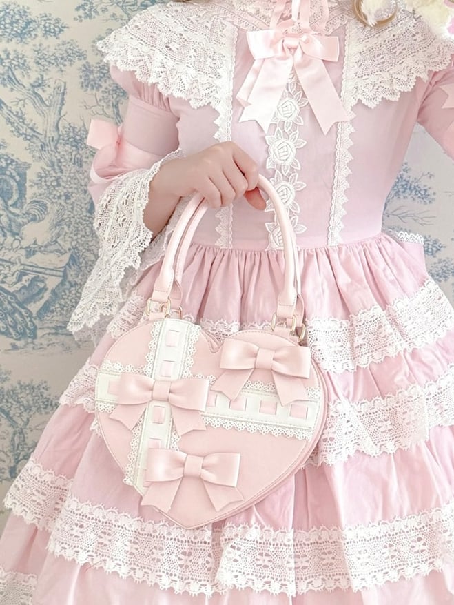 Tasche Abstrakt PU Schleife Leder mit Herz - Hand Süße Lineare Akzente Kreuz Rosa Lolita Design