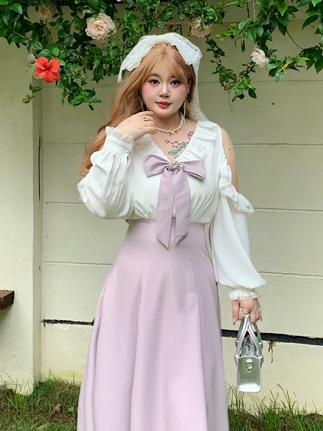 / Bowknot Detachable Shoulder Plus Size Black Waist Dress Cutout with High Pink and