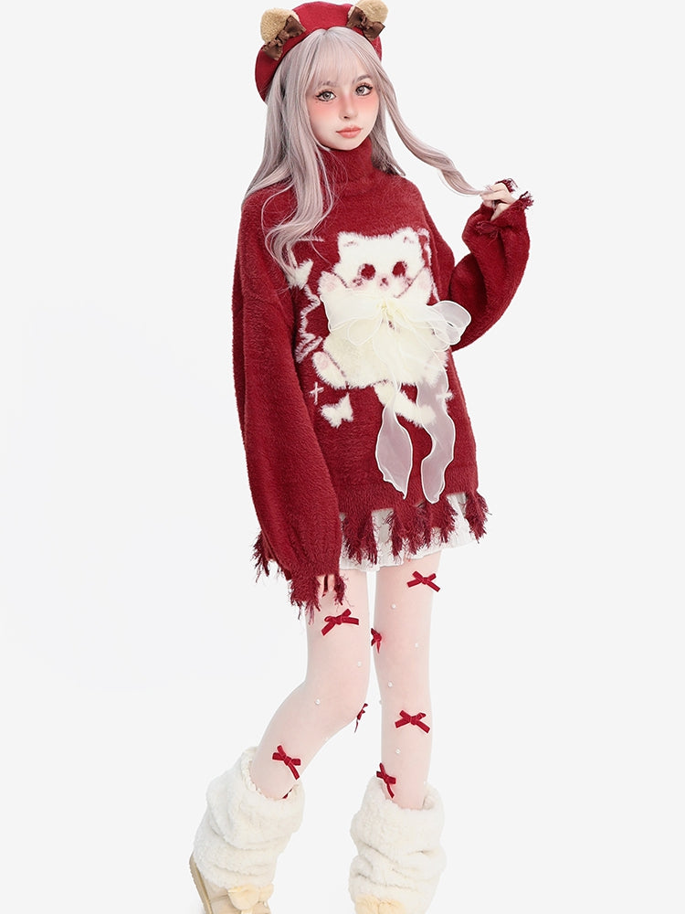 Red Cat Pattern Bow Accent Distress Trim High Neck Cozy Sweater