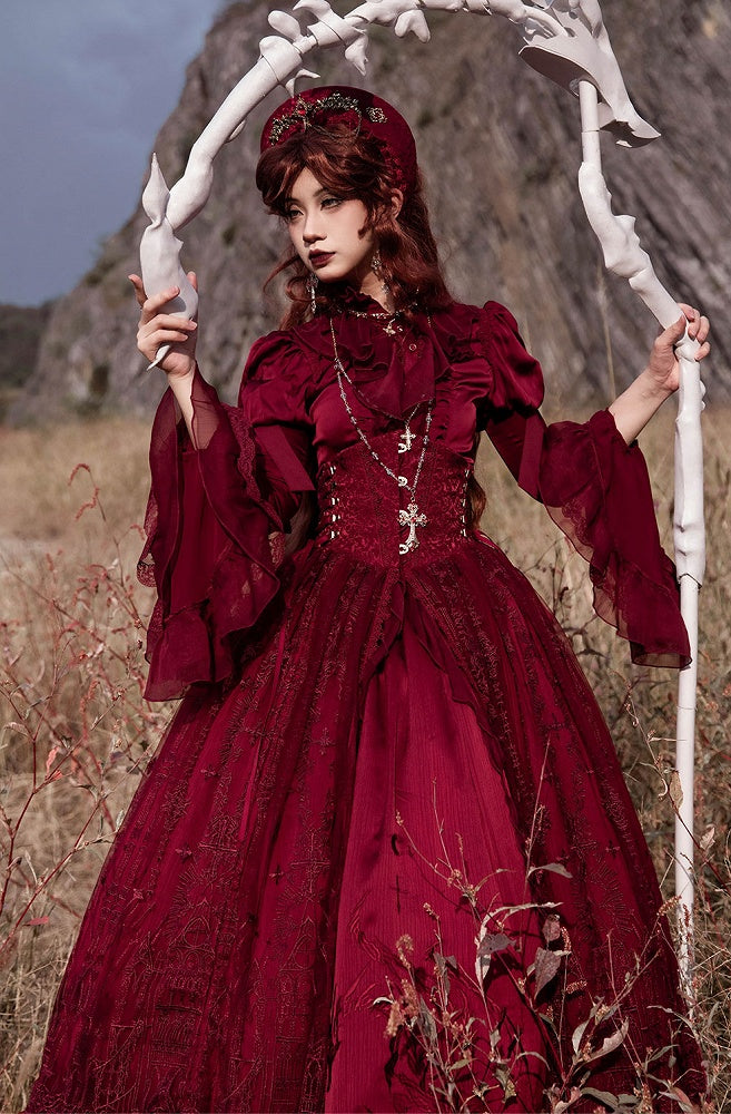Long Sleeves with Flounce Cuffs Gothic Lolita Red Blouse