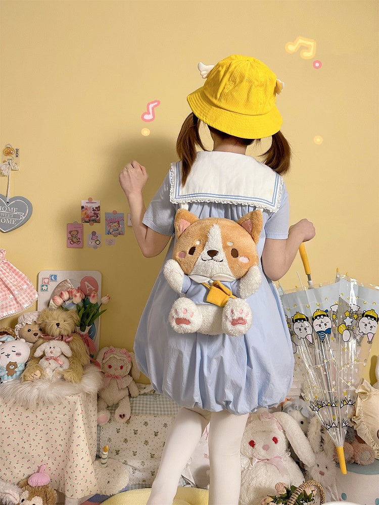 Light Blue Sailor Collar Corgi Bubble Skirt Dress