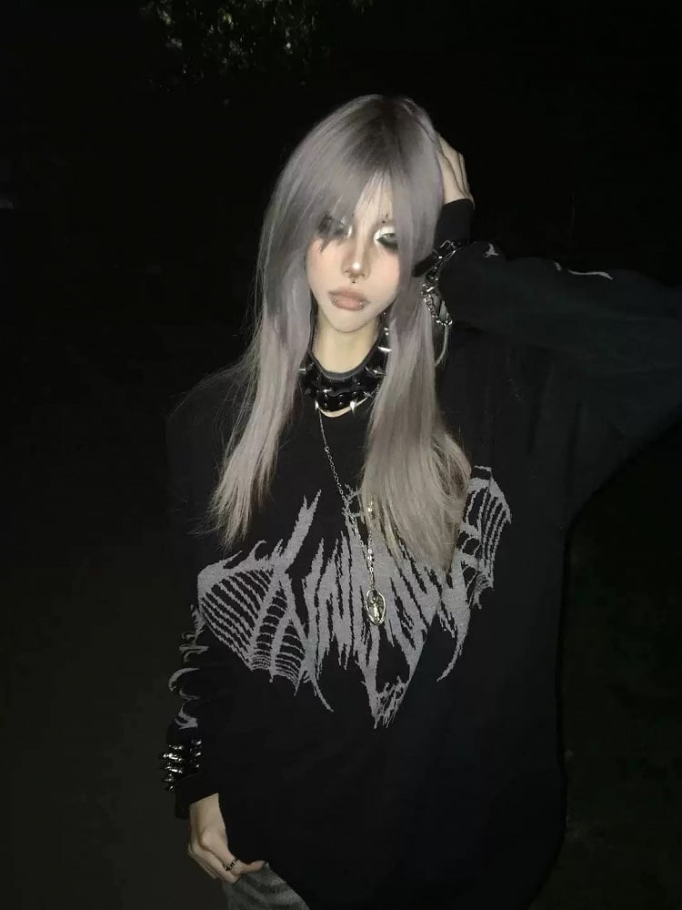 Skeletal Print Gothic Black Sweater Wing with