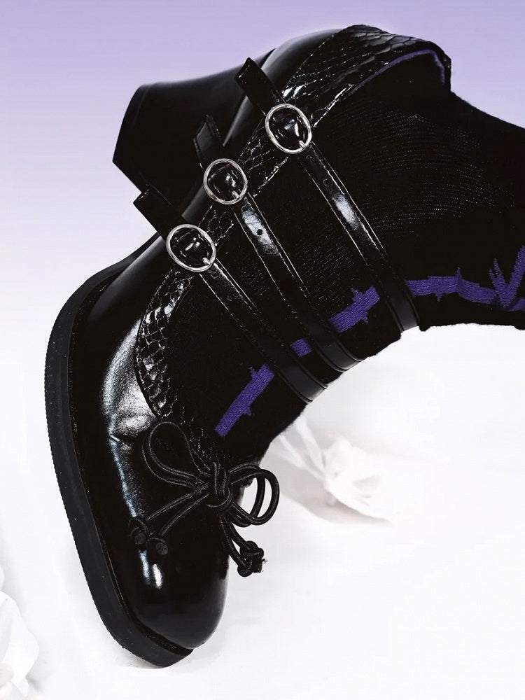 Quadratische Akzentzehe Gothic - 6,5 cm Absätze Schleife PU Schwarz Lolita Block Geknotet