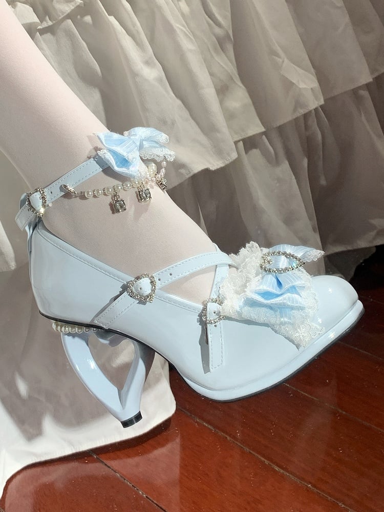 Lolita Hime High-heel Blue Lace Bow Trimmed Shoes -